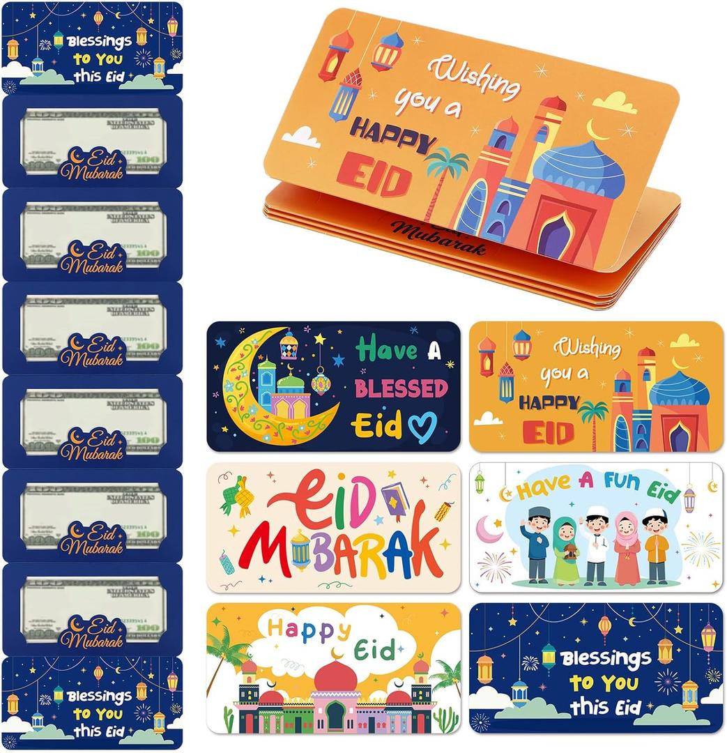 Gueevin 12 Pack/72 Slots Eid Mubarak Money Envelopes for Cash Ramadan Gifts Money Card Holders Bulk for Eid Al-fitr Islamic Muslim Mubarak Party Supplies, 6 Styles