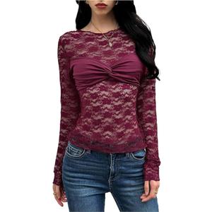 MakeMeChic Women's Twisted Floral Lace Tee Shirt Crew Neck Long Sleeve Sheer Tops Small