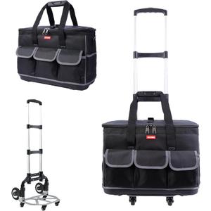 Rolling Tool Bag with Wheels - Aluminum Alloy Trolley for Electrician & HVAC