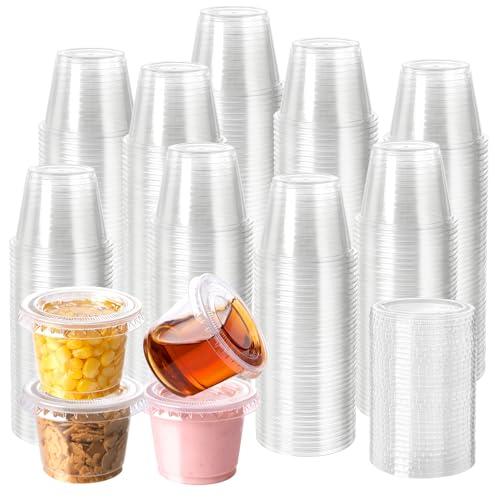 HOMIP 100Pack 1oz Disposable Plastic Portion Cups with Lids, Small Mini Sauce Cups for Portion Control, Salad Dressing Cups, Airtight and Stackable Condiment Cups for Party, Holiday and Daily Use