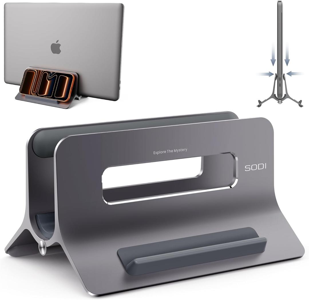 SODI Vertical Laptop Stand for Desk, Gravity Auto Lock MacBook Stand, Aluminum Laptop Holder Vertical Compatible with MacBook Pro, Air, Tablet, Space-Saving Organize Work & Home Office, Gray