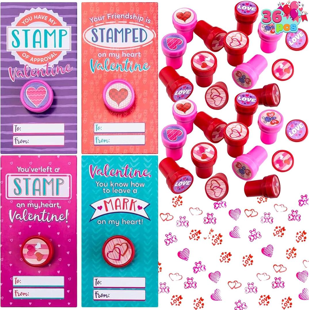JOYIN 36 pack Valentines Day Gift Cards with Gift Valentine Stampers for Classroom Exchange Prizes Party Favor Toys