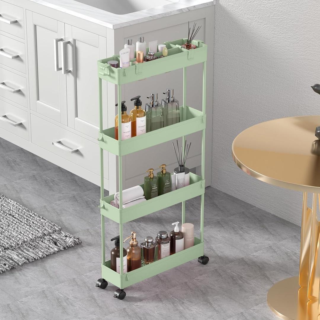 SPACELEAD Slim Storage Cart 4 Tier,Bathroom Organizer Rolling Utility,Mobile Shelving Unit Slide Out for Office, Kitchen, Laundry Room & Narrow Places, Green