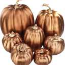 Winlyn 7 Pcs Assorted Sizes Artificial Metallic Bronze Pumpkins Rustic Decorative Fall Foam Pumpkins for Gifts Thanksgiving Halloween Harvest Fall Wedding Table Centerpiece Mantel Shelf Decor