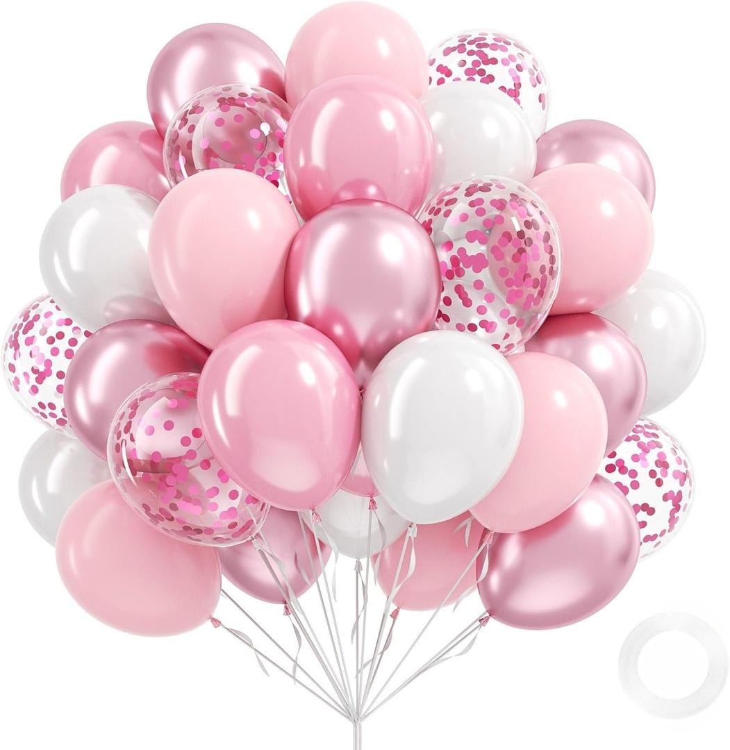 Light Pink and White Balloons, 60pcs 12inch Pearl Light Baby Pink Confetti White Balloons for Wedding Bridal Shower Baby Shower Pink Birthday Decorations