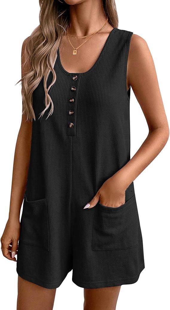 Ekouaer Women Rompers Waffle Summer Overalls Shorts Loose Jumpsuit with Pockets Casual 2025 Beach Outfits Vacation Clothes, L/XL, Black