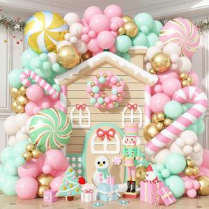 Christmas Balloons Garland Arch Kit, 125pcs Pastel Pink Green Balloon with Candy Cane Peppermint Foil Balloon for Christmas Theme New Year Xmas Holiday Birthday Party Decorations (Pink White Gold)