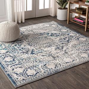 JONATHAN Y Modern Vintage Medallion Navy/Light Gray 5x5 Square Indoor Area Rug, Country, Floral, Easy-Cleaning for Living Room, Bedroom, Kitchen, Pet Friendly, Non-Shedding (MDP100B-5SQ)