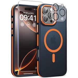 Magnetic 3 in 1 for iPhone 16 Pro Max Case, Omni-Directional Protection with 1x Screen Protector + 1x Camera Cover, Seamless Work with Magsafe Protective Silm Case for iPhone 16 Pro Max Orange