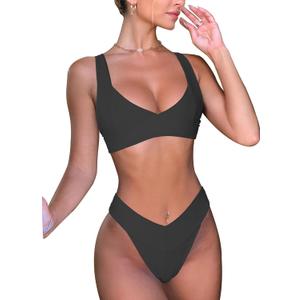 V Shaped High Waisted Bikini Set for Women 2 Pieces Double Lined Swim Suit Push up Adjustable Straps Top Swimwear(Black,M)
