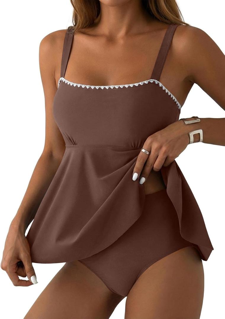 Aleumdr Slimming Swimsuits for Women High Waisted Tummy Control Tankini Set Push Up Bandeau 2 Piece Bathing Suit Dark Brown Large