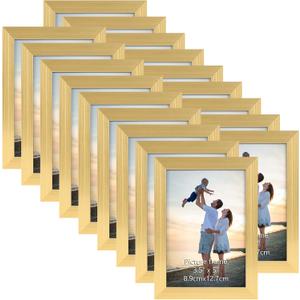 Hoikwo 18 Packs 3.5x5 Gold Multi Plastic Picture Frames Set with Plastic Cover for Family Photos, Artwork, Light Weight Bulk 3.5 by 5 Frames Pack for Wall Hanging and Table, Stylish Picture Frames