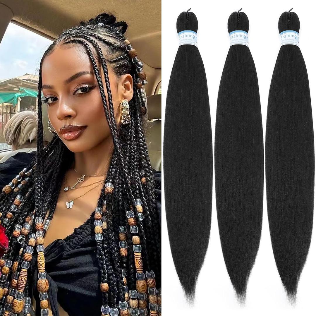 Braiding Hair Pre Stretched for Women Box Braids Synthetic Hair Extensions Texture Hot Water Setting Prestretched Braid Extension Girls Black (20inch 3Packs) (1B)