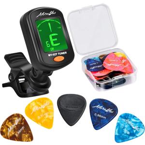 MOREYES 28 Pcs Picks Guitar Tuner Clip on Chromatic Digital Tuner for Acoustic Guitars, Violin, Ukulele, Bass