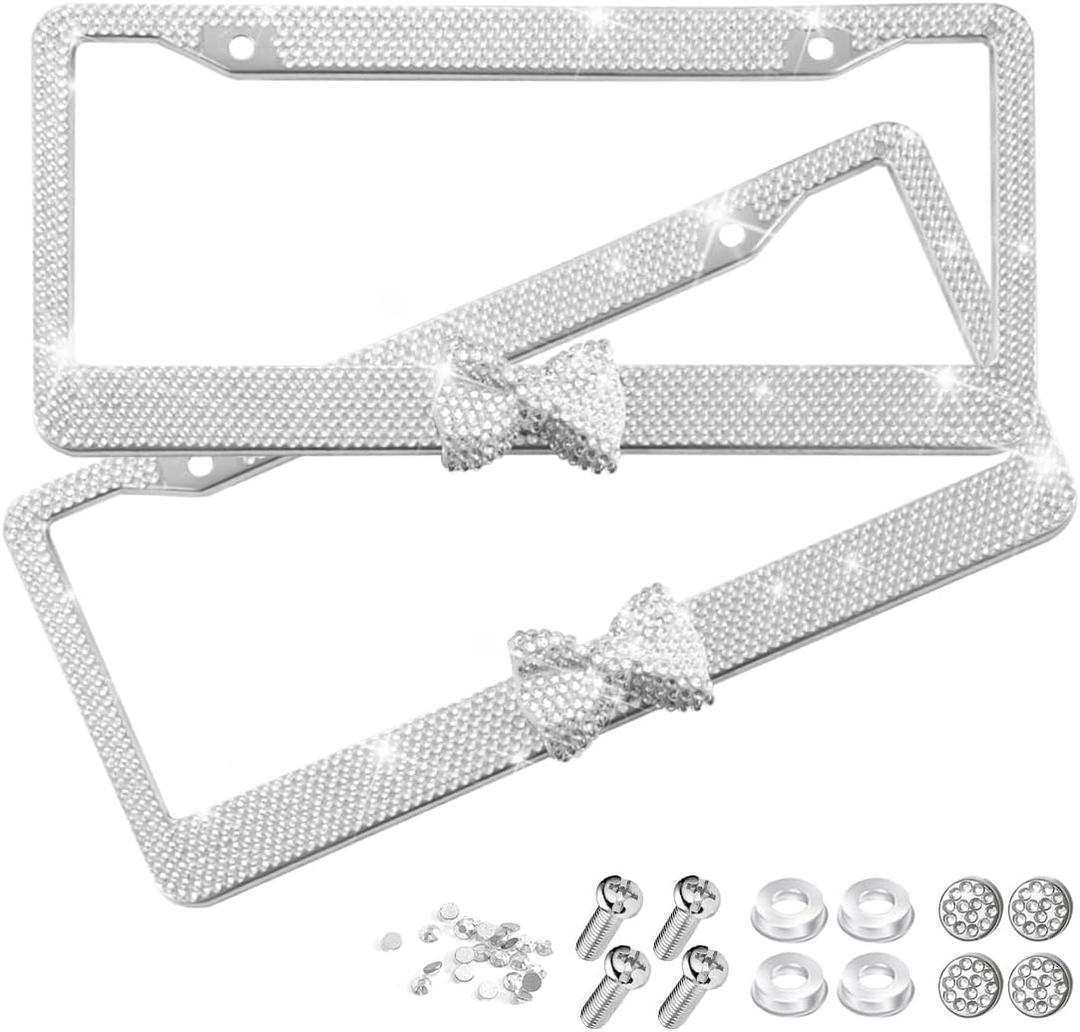 Bling Car License Plate Frame for Women, 2PCS Crystal Rhinestone Stainless Steel Vehicle Plate Holder, Glitter Diamond Sparkly Auto Plate Cover Accessories, Universal Fit (White/White Bow)