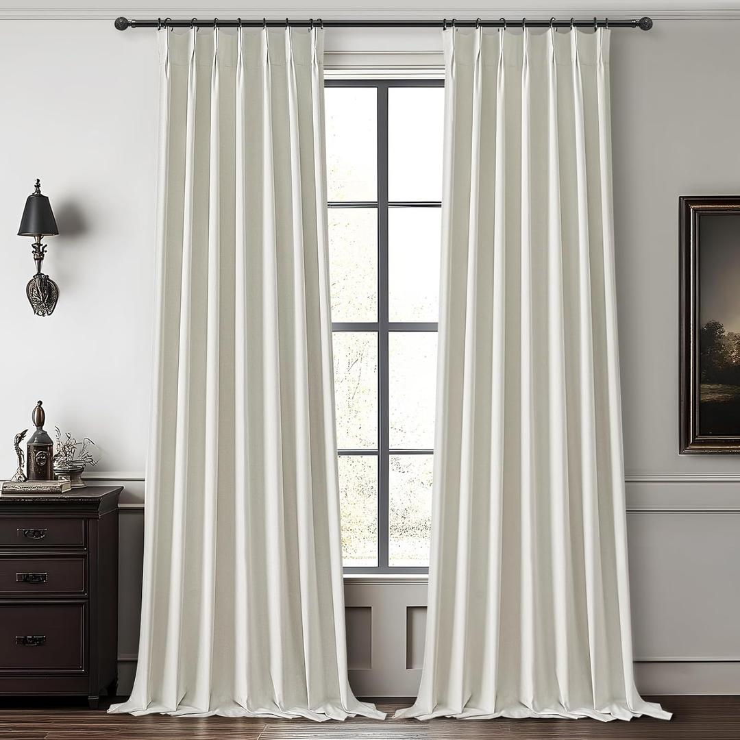 Elegant Curtains for Living Room 102 Inch Long, Linen Pinch Pleated 100% Blackout Viral Window Curtains with Hooks for Bedroom Thermal Pleated Drapes for Nursery Beige White(40" Wx102 Lx2 Panels) (Lightbirch)