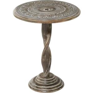 Deco 79 Mango Wood Floral Handmade Intricately Carved Accent Table with Spiral Leg and Gray Distressing, 18" x 18" x 22", Brown