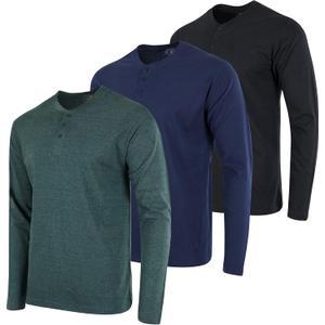 Real Essentials 3 Pack: Men's Cotton Short & Long Sleeve Henley T-Shirt Performance Activewear, L 