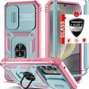 for Samsung Galaxy S24 Case with 1 Tempered Glass Screen Protector,S24 Phone Case Built-in 360Kickstand Ring with Camera Cover Shockproof Military Grade Drop Heavy Duty Protection Green Pink