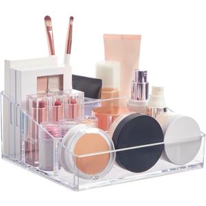 STORi Clear Plastic Small Countertop Vanity Makeup Organizer, Compact Rectangular 4-Compartment Holder for Brushes, Eyeshadow Palettes, & Beauty Supplies, Made in USA