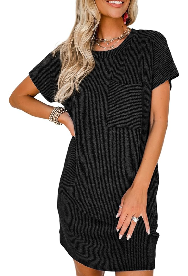 Acelitt Womens Casual Summer Crewneck Short Sleeve Ribbed Mini Tshirt Dress, L 2 pack