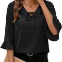 EVALESS Womens Tops Dressy Casual Tie Front Ruffle V Neck 3/4 Sleeve Business Blouses Office Shirts Large, Black