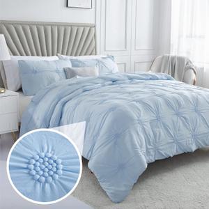 Swift Home King Baby Blue Comforter Set - Ruched 3D Floral Pintuck Bedding Set - 3 Pieces Bed Linen, 1 Comforter and 2 Pillow Shams