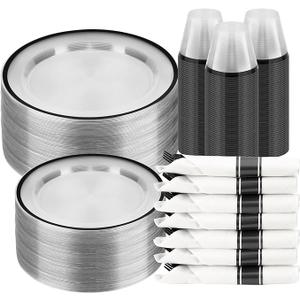 BESTSTAR 350PCS Clear and Black Disposable Plates Set for 50 Guests, 100 Plastic Plates, 50 Plastic Cups, 50 Pre-Rolled Napkins with Cutlery for Party, Thanksgiving, Birthday, Halloween, Christmas