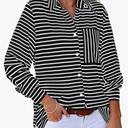 Astylish Women's 2025 Oversized Long Sleeve Shirts Button Up Striped Collared Front Pocket Top Medium, Black