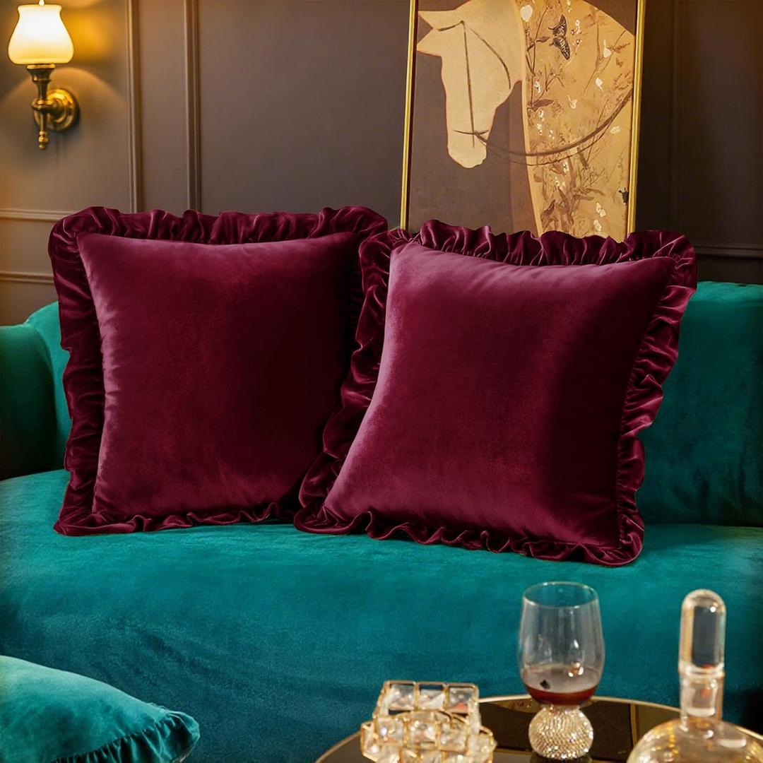 Velvet Throw Pillow Covers Set of 2, Soft Decorative Ruffle Cushion Cases for Couch Sofa Bedroom, 18 x 18 Inches, Red