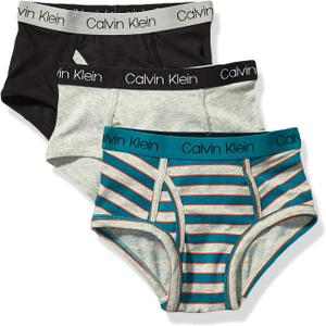 Calvin Klein Boys' Little Modern Cotton Assorted Briefs Underwear 3 Pack (X-Large, Sea Green Stripe/Heather Grey/Black)