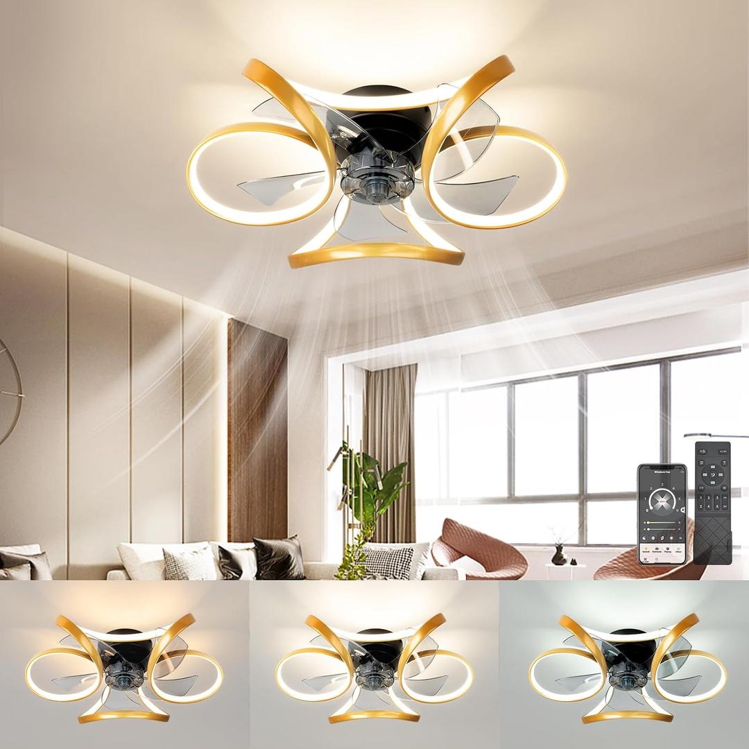 Ceiling Fan with Light Low Profile with APP Remote 6 Speeds 3 Colors 20.5 Dimmable Small Flush Mount Bladeless Modern Reversible Geometric Fandelier for Living Room Bedroom Kitchen, Gold