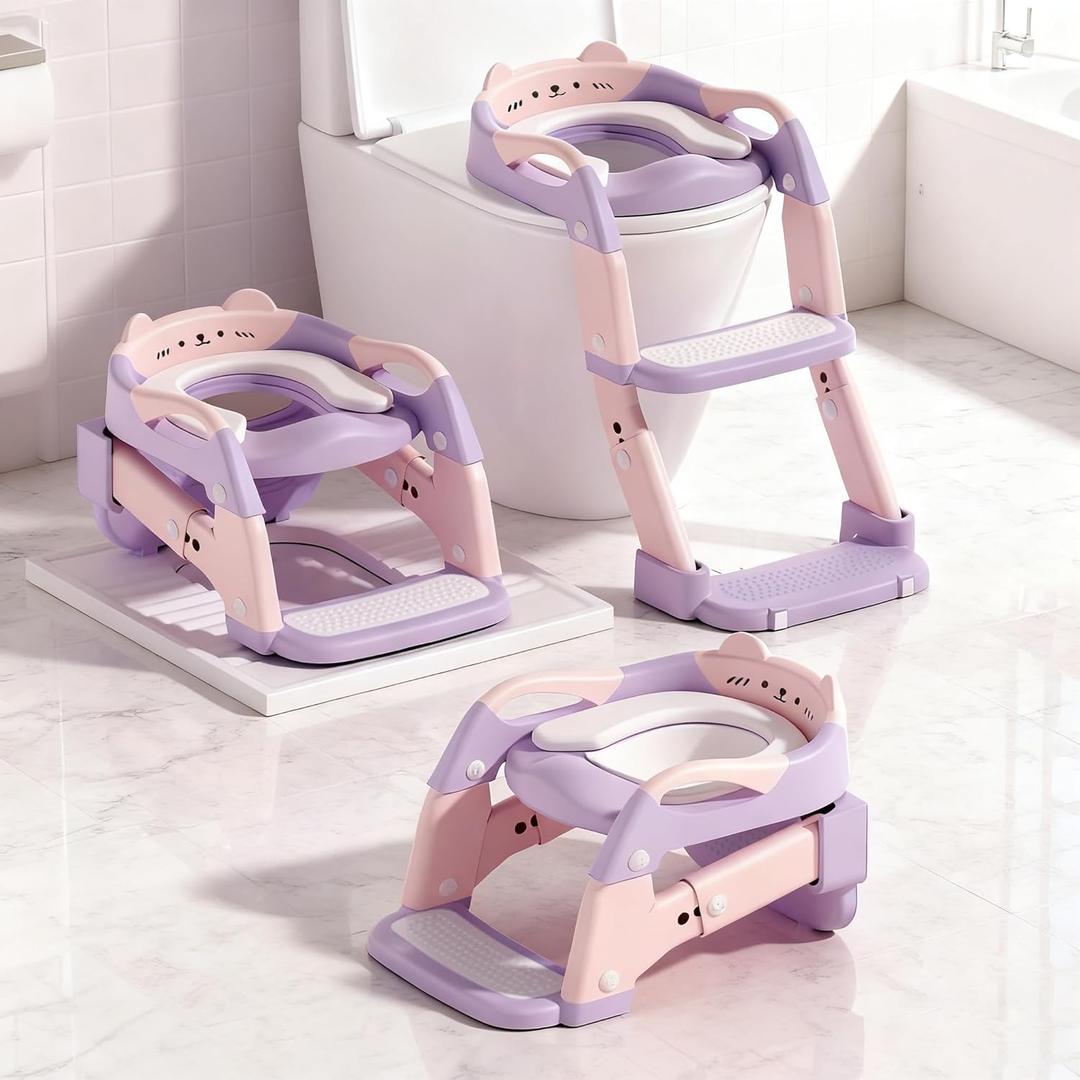 Potty Training Seat, Upgrade Toddler Toilet Seat for Kids Boys Girls, 3 in 1 Potty Training Toilet with Step Stool Ladder-Non Slip Foldable (Purple+Pink)