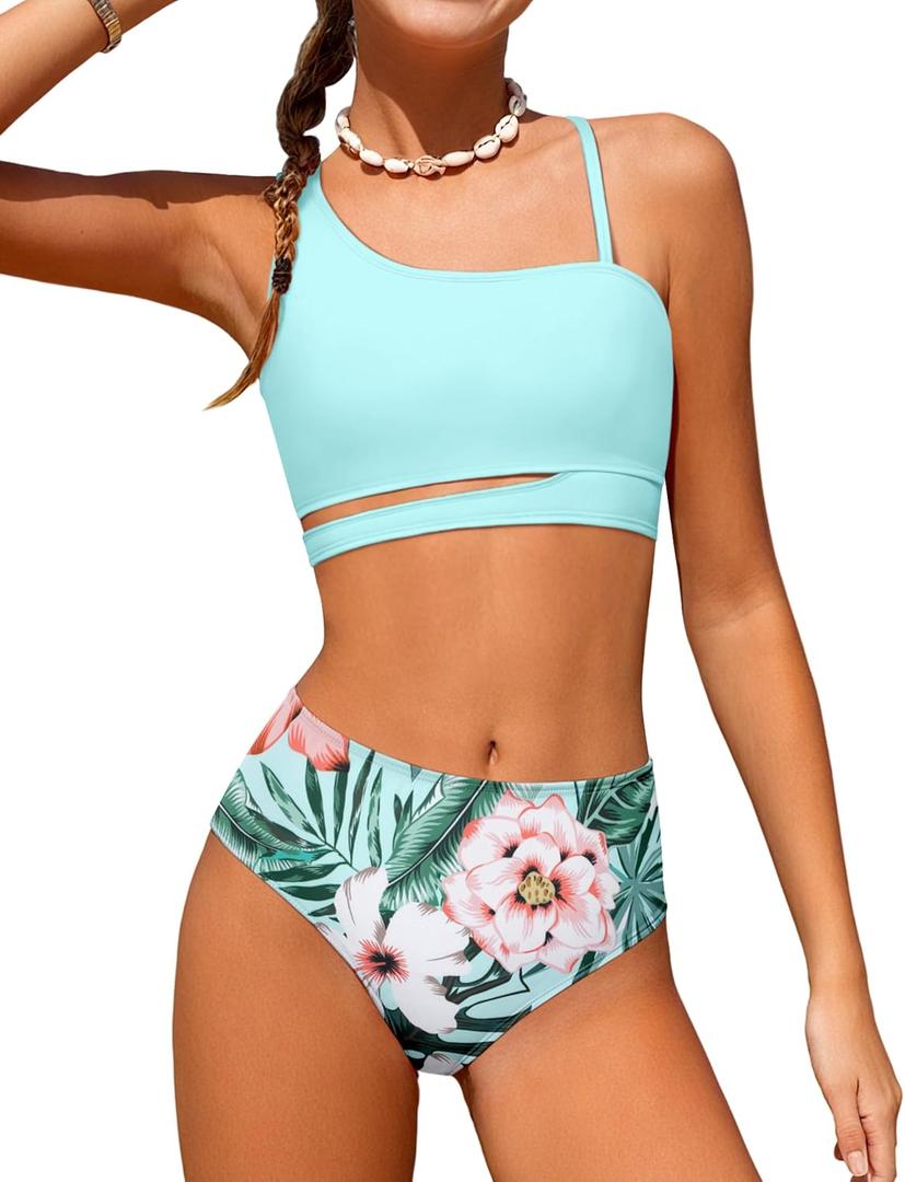 Queenstyle Girls Swimsuits Bikini Set Kids Cutout Bathing Suit Bikini Top Two Piece Girls' Swimwear (11-12 Years, Blue Plant)