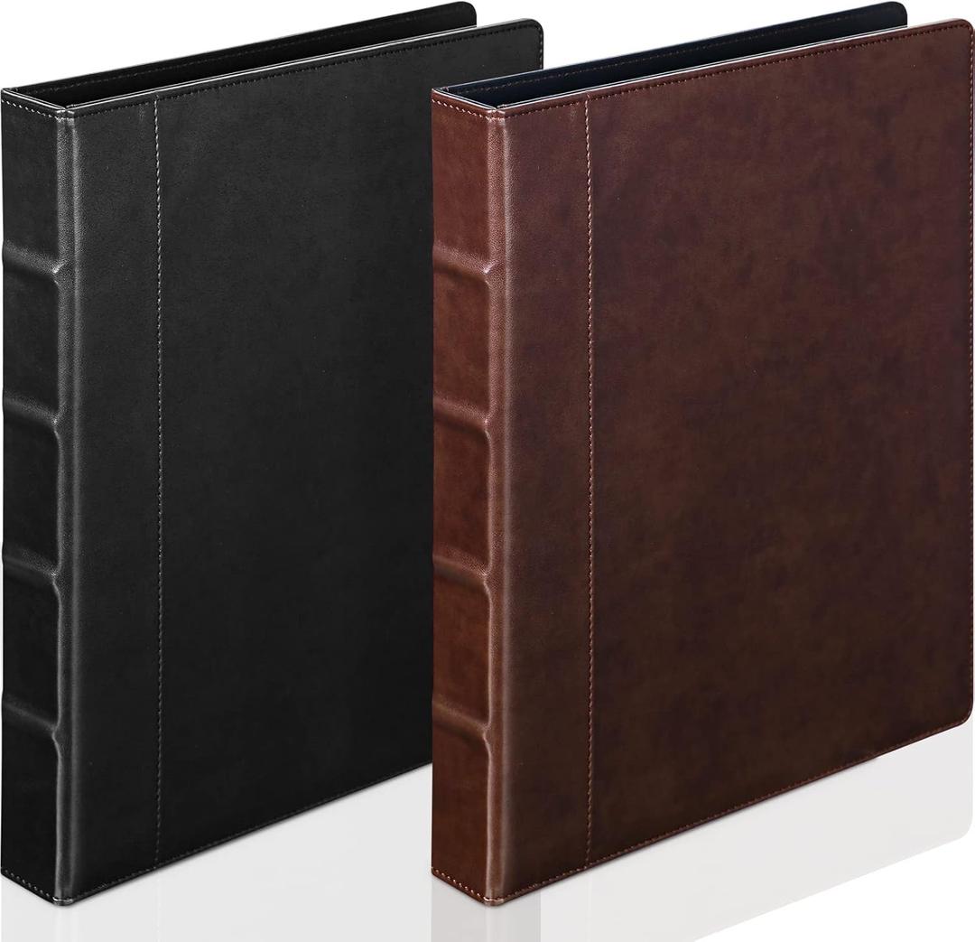 Marspark 2 Pcs Vintage Hardback 3 Ring Binder Professional Leather Binder Organizer Round Rings Holds 200 Sheets with 2 Inner Pockets(1.5 Inch,Brown, Black)