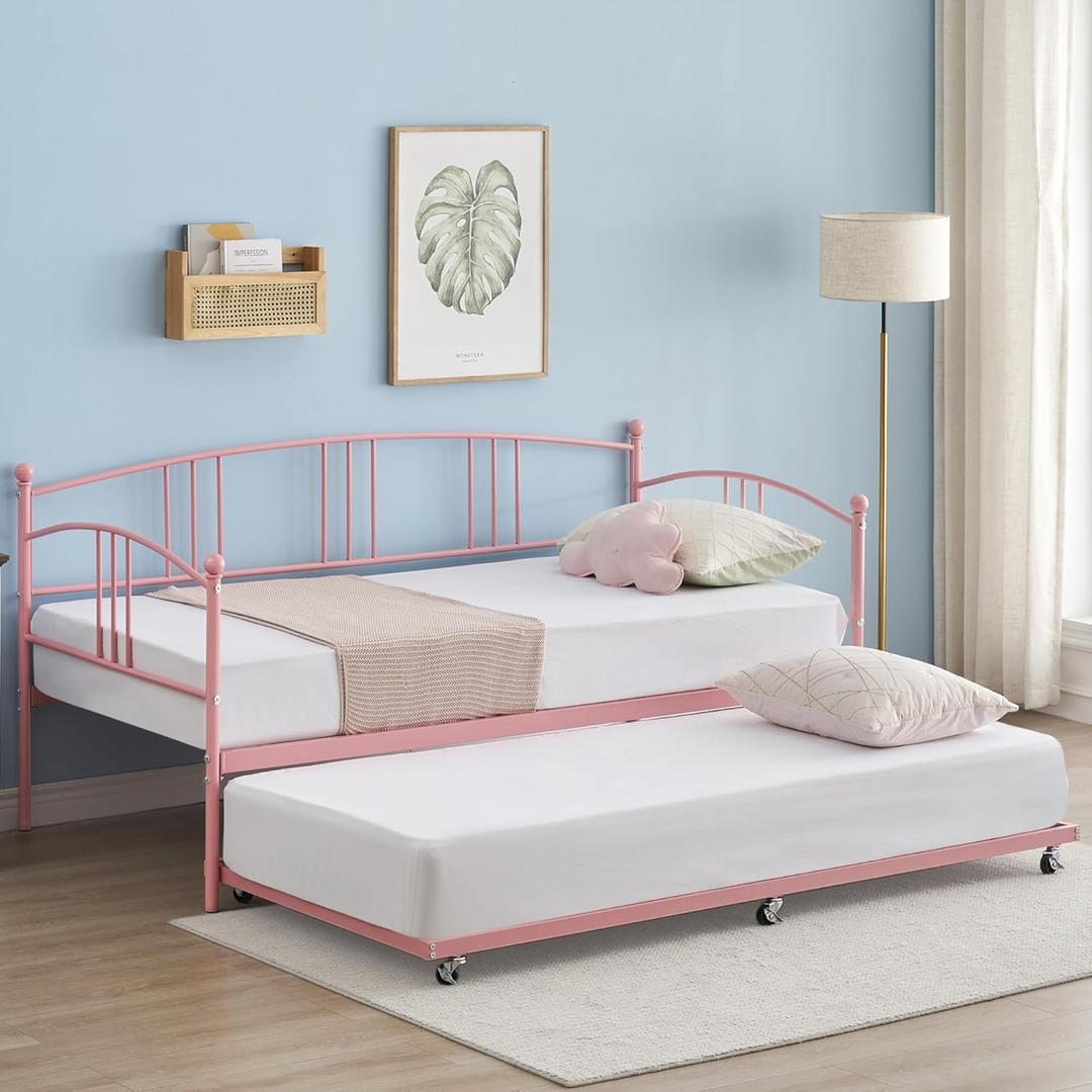 Twin Daybed with Trundle, Metal Twin Size Daybed with Steel Slat Support, Space Saving, Sofa Bed with Pullout Trundle 6 Casters, for Bedroom, Guest Room, Pink