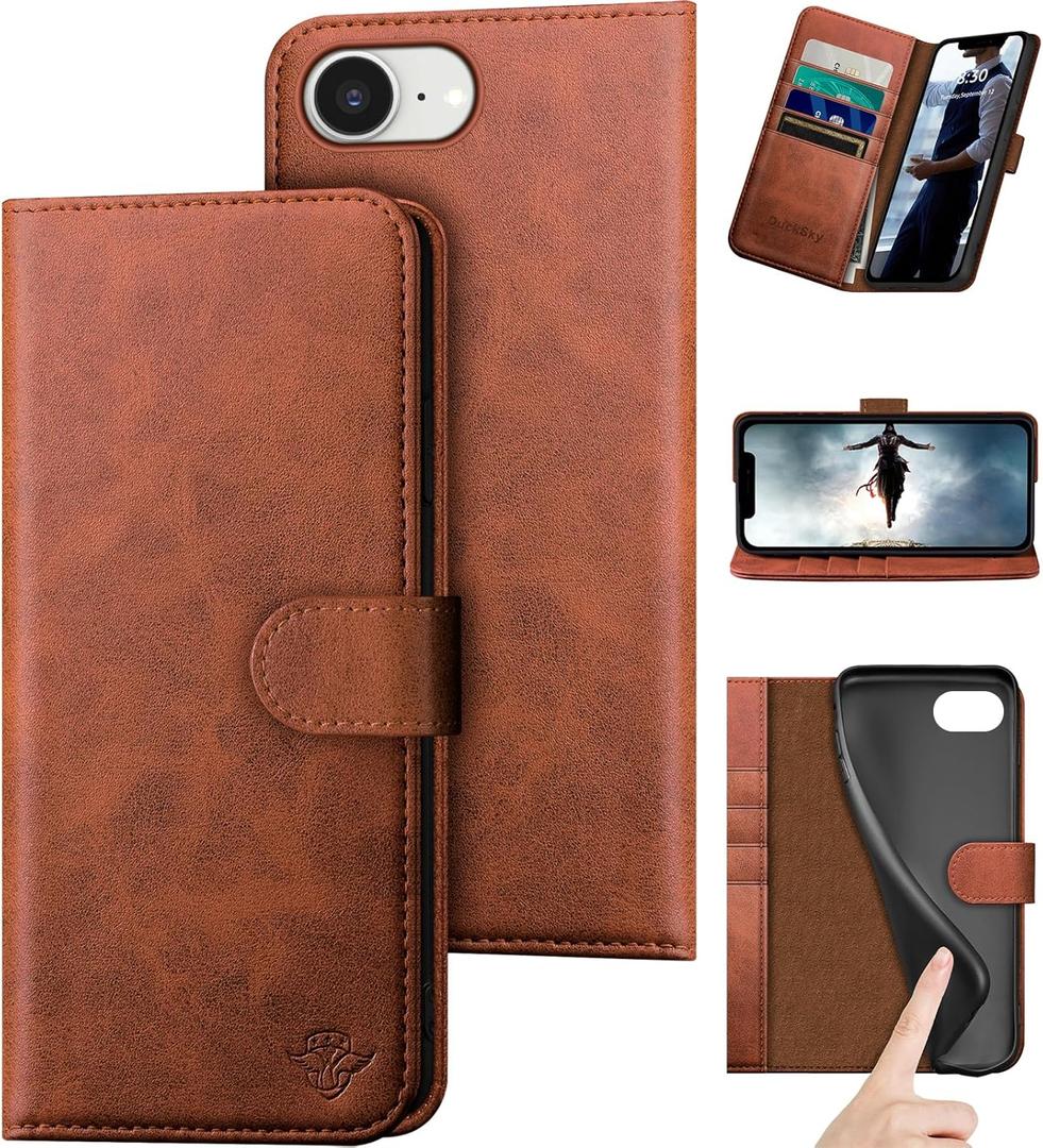 DuckSky Compatible with iPhone 16e 6.1" Genuine Leather Wallet caseRFID BlockingCredit Card HolderReal Leather Flip Folio Book Phone case Cover Women Men for Apple 16e case Light Brown