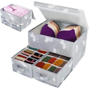 EASEVE 2 Pack Sock Underwear Drawer Organizer Divider - Closet Organizers and Storage Dresser Organizer Wardrobe Clothes Box Storage Bins with Lid for Bra, Socks, Leggings, Shirt, Panty (Grey)