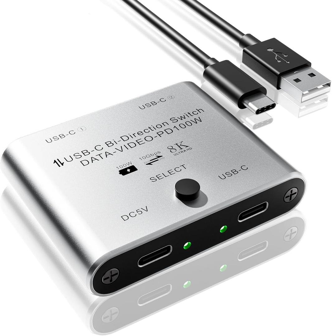8K USB C Switch, Bi-Directional USB C KVM Switcher for 2 Computers, USB C Splitter Supports 8K@60Hz / 4K@144Hz Video, 100W PD Fast Charging, 10Gbps Data Transfer, One-Button Switching