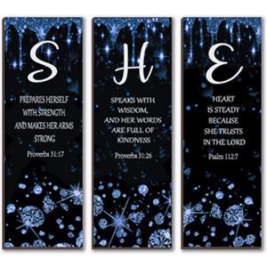 ZONWUTHY 3 Pcs Blue Silver Wall Decor Diamond Bedroom Decor For Women With Religious Black And Blue Bathroom Accessories Office Sign for Home Kitchen Office Wall Decoration 12x4 Inches