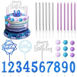 Yerliker 34 Pcs Happy Birthday Cake Toppers Decorations Birthday Candles DIY Cake Decor for Men Women Wedding Anniversary(Blue Purple)
