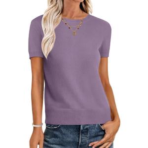ANRABESS Womens Short Sleeve Sweaters Wool Blend Crew Neck Sweater Shirts Business Casual Work Tops 2025 Summer Outfits (X-Large, Grey Purple)