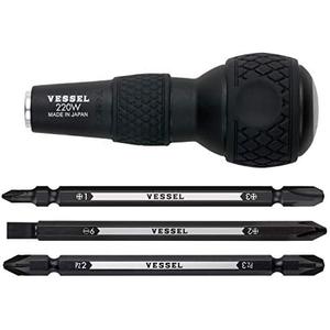 VESSEL BALL GRIP 1/4" Hex. Bit Interchangeable Screwdriver (Bit 3PC. (+1, +3 / +2, -6 / PZ2, PZ3) SET. 220W3J1)