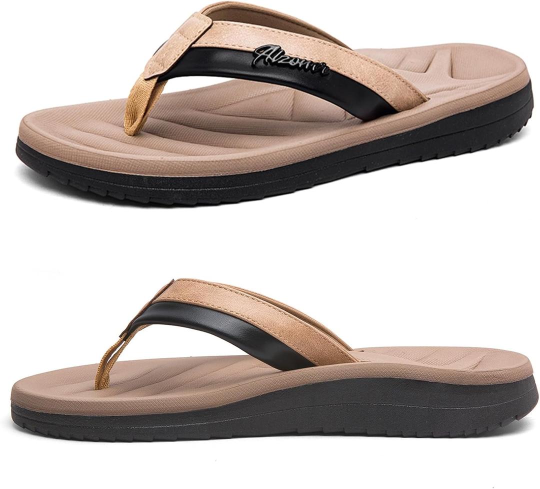 Men's Flip Flop with Arch Support Comfort Beach Thong Sandals Lightweight Non Slip Sole Durable Walking Summer Orthotic Slipppers Indoor and Outdoor (7, Khaki)