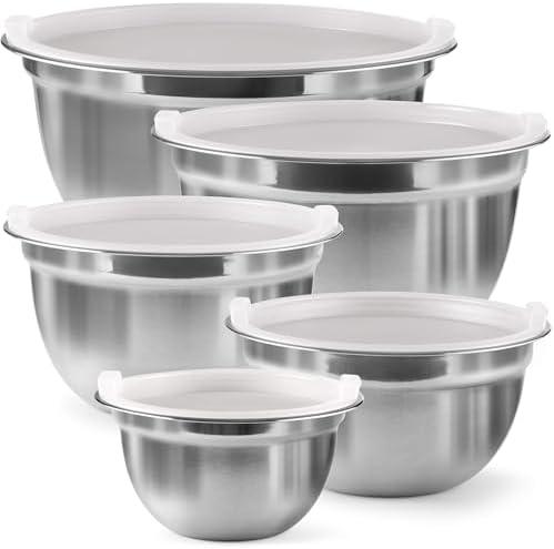 Stainless Steel Mixing Bowls Set with Lids, Home Kitchen Cooking Essentials Household Must Haves for Baking, 5 Pieces, Silver