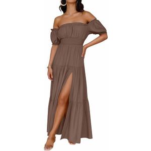 ZESICA Women's 2026 Boho Sexy Off Shoulder Short Sleeve Smocked Side Split Flowy A Line Tiered Long Maxi Dress with Pockets Coffee Medium
