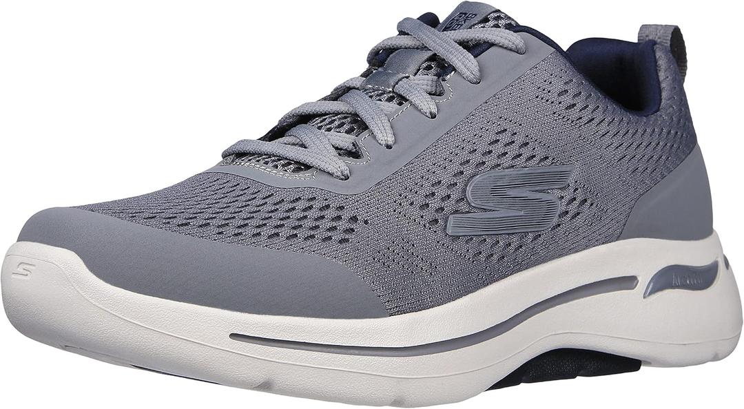Skechers Men's Go Walk Arch Fit Engineered Mesh Lace Up Sneaker, Grey/ Navy, 10.5