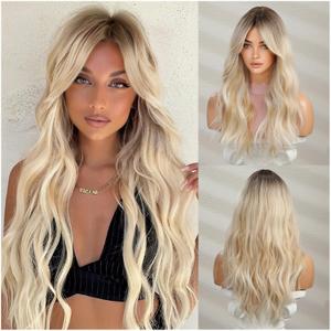 Long Blonde Wig with Bangs Long Curly Wavy Blonde Wigs for Women Mixed Blonde Synthetic Wig (Mixed Blonde)