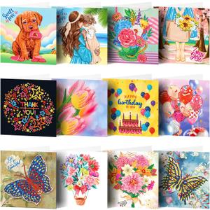pigpigboss 12 Packs Butterfly Flower Diamond Painting Greeting Cards, Dog Diamond Art Birthday Card Arts Crafts for Friend Family Birthday Holiday Blessing