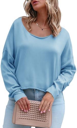 Women's Long Sleeve Boat Neck Sweatshirts Basic Relaxed Fit Pullover Tops with Raw Edge (Light Blue,Small) (Blue, S)